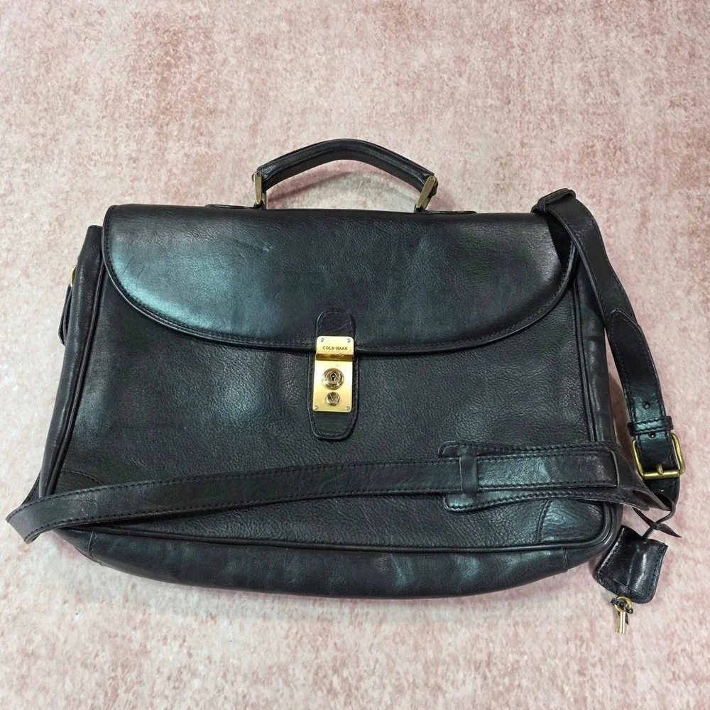 Vintage Cole Haan Black Leather Briefcase Elegant Made in Italy Rare with Key